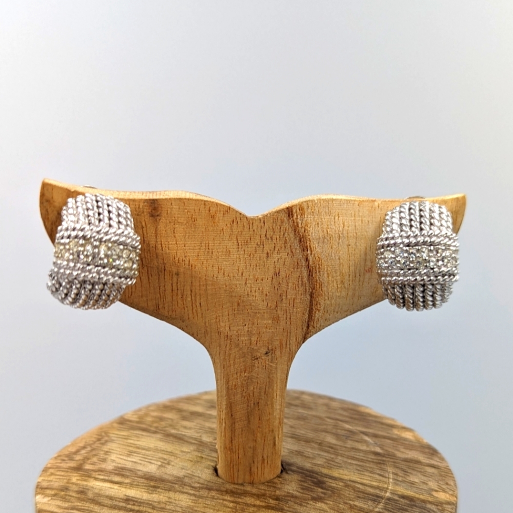 Elegant Sterling Silver Rope Design CZ Clip on Earrings, Made in Italy, 925